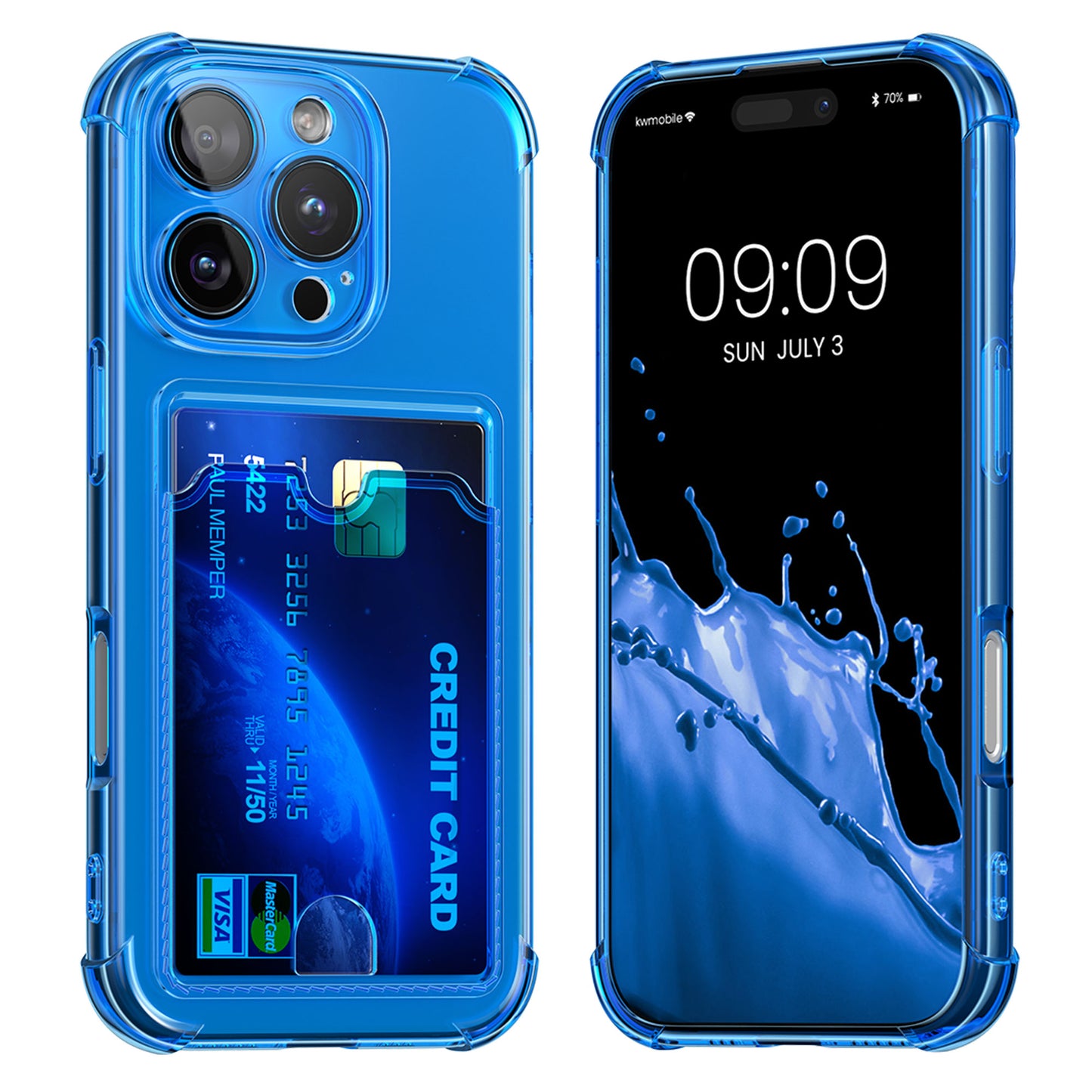 kwmobile Hülle mit Kartenfach kompatibel mit Apple iPhone 16 Pro - Handyhülle iPhone 16 Pro mit Kartenfach - Soft Case - Schutzhülle in Baltik Blau Transparent Baltik Blau  