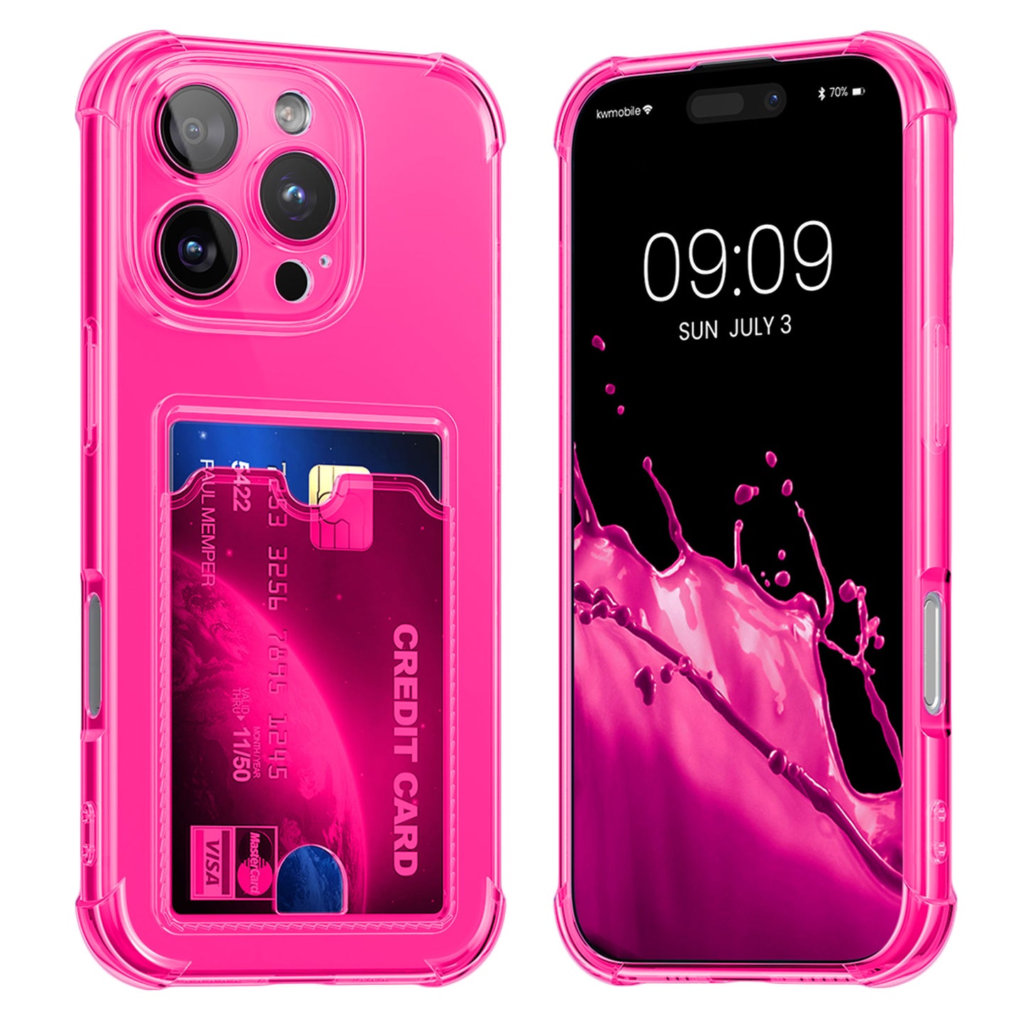 kwmobile Hülle mit Kartenfach kompatibel mit Apple iPhone 16 Pro Max - Handyhülle iPhone 16 Pro Max mit Kartenfach - Soft Case - Schutzhülle in Neon Pink Transparent Neon Pink  