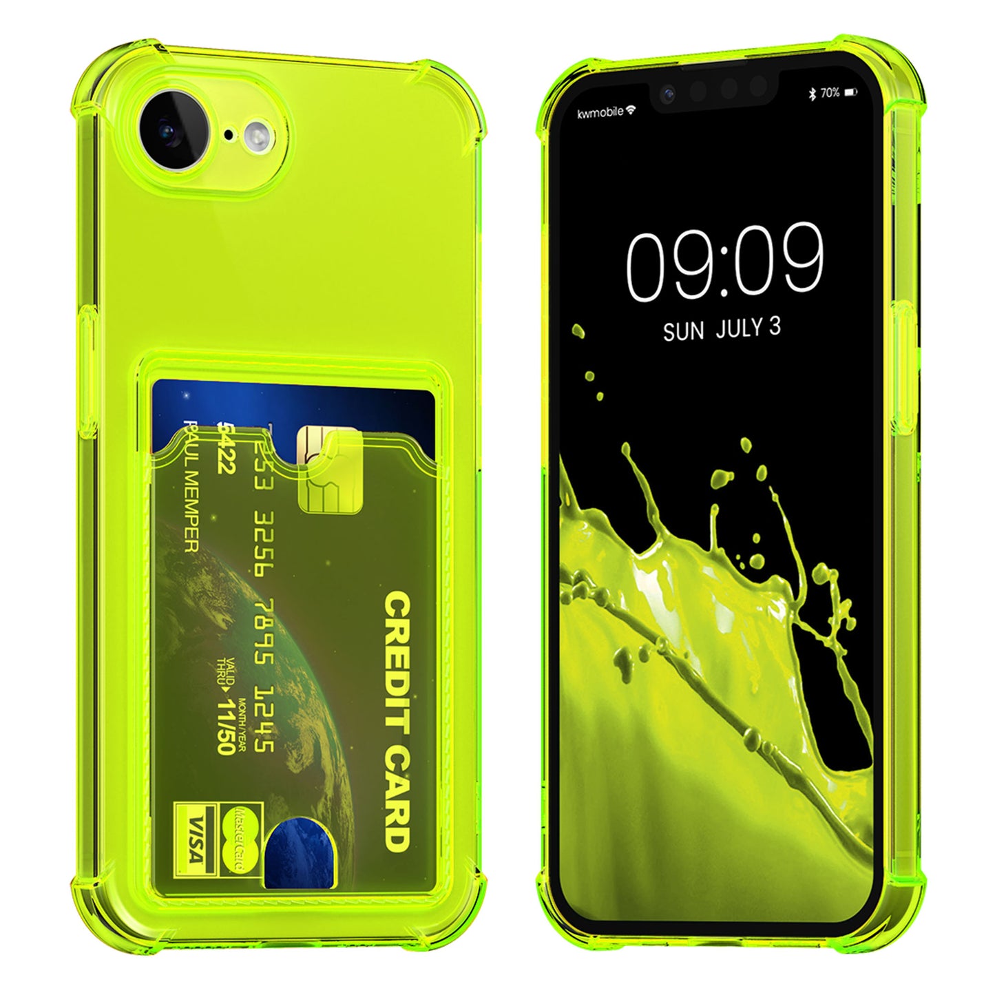 kwmobile Hülle mit Kartenfach kompatibel mit Apple iPhone 17e / iPhone 16e - Handyhülle iPhone 17e / iPhone 16e mit Kartenfach - Soft Case - Schutzhülle in Strahlend Gelb Transparent Strahlend Gelb  