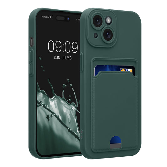 kwmobile Handyhülle kompatibel mit Apple iPhone 15 Hülle - Handy Cover mit Fach für Karten - in Dunkelgrün Dunkelgrün  
