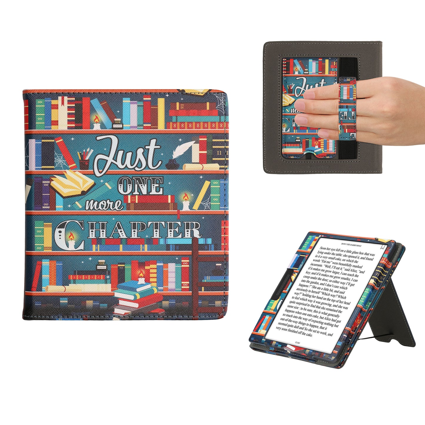 kwmobile Flip Cover kompatibel mit Onyx Boox Leaf 2 - Hülle mit Handschlaufe Bibliothek Motto Mehrfarbig Mehrfarbig  [dsg03]