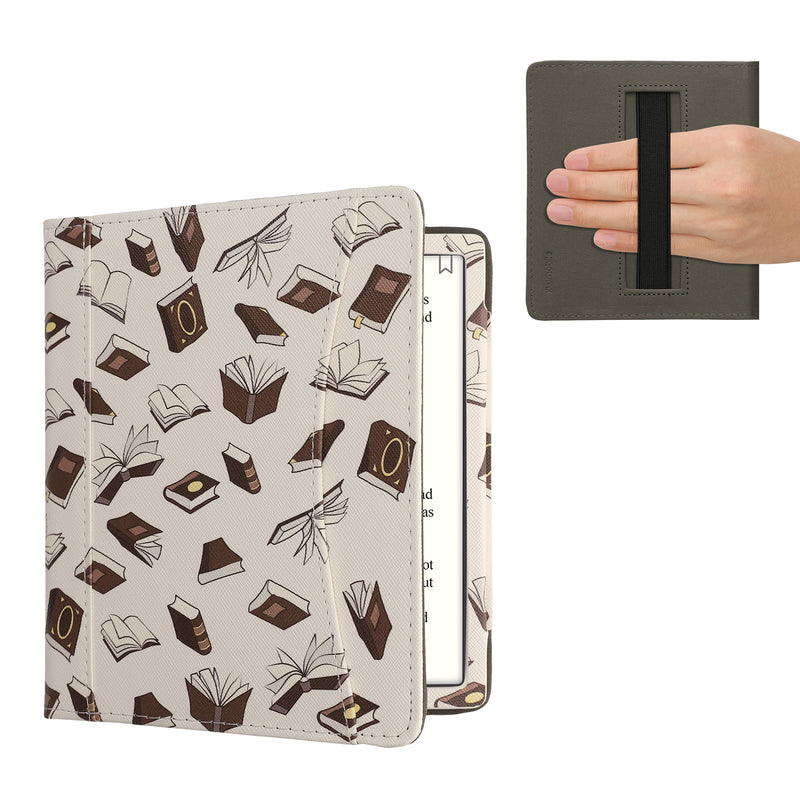 kwmobile Flip Hülle kompatibel mit Onyx Boox Leaf 2 - Vorderfach Handschlaufe - Bücher und Seiten Beige Braun Gold Beige  [dsg03]
