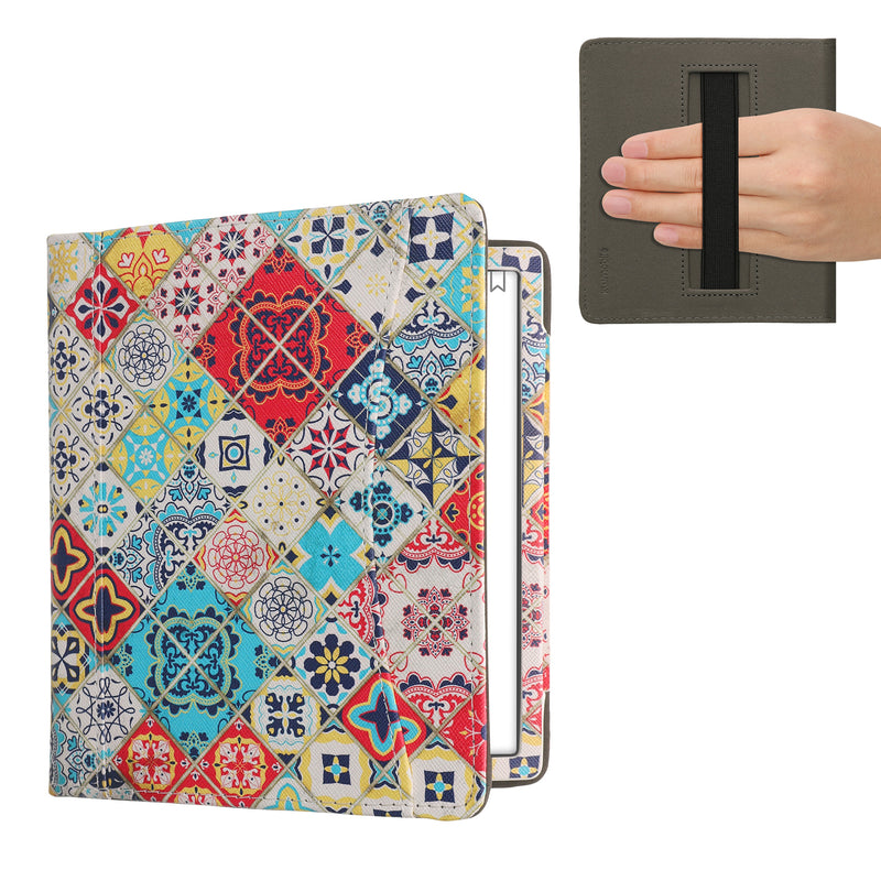 kwmobile Flip Hülle kompatibel mit Onyx Boox Leaf 2 - Vorderfach Handschlaufe - Holz Marokkanische Fliesen Mehrfarbig Braun Mehrfarbig  [dsg04]
