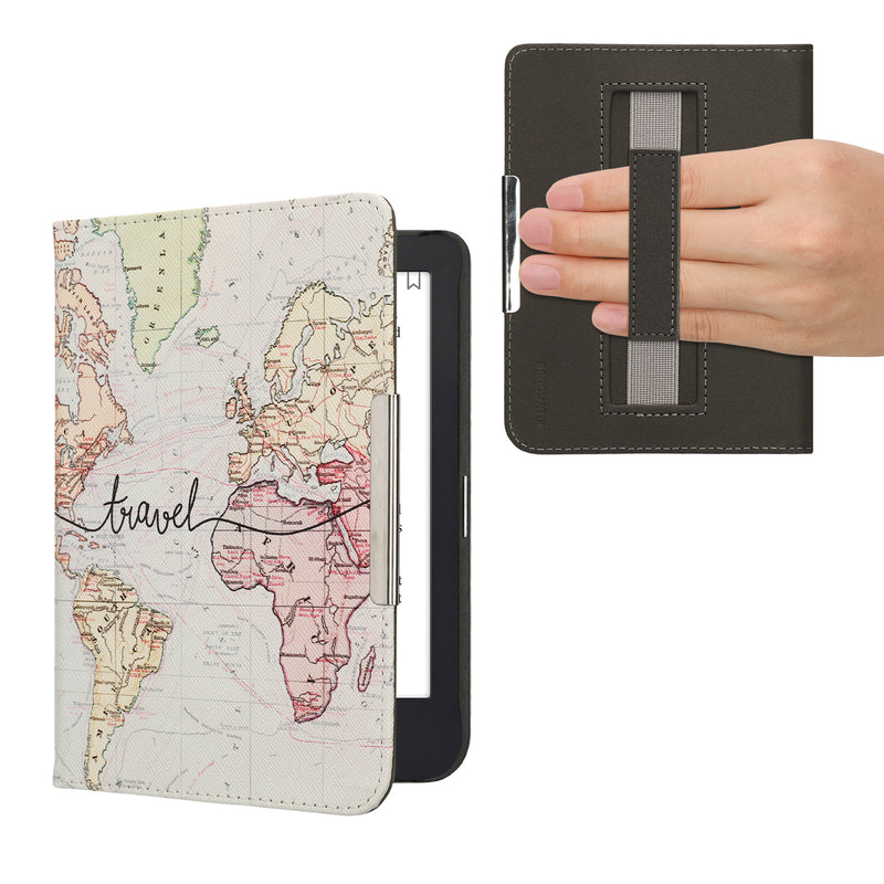 kwmobile Klapphülle kompatibel mit Kobo Clara 2E / Tolino Shine 4 Hülle - Flipcase für den eReader mit Handschlaufe - Travel Schriftzug Schwarz Mehrfarbig Schwarz  [dsg02]