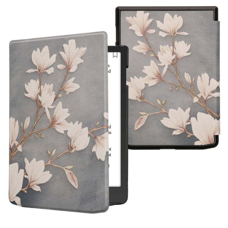 kwmobile Klapphülle kompatibel mit Pocketbook InkPad 4 / Color 3 / Color 2 / Vivlio InkPad 4 / InkPad Color 3 Hülle - eReader Case - Magnolien Taupe Weiß Blaugrau Taupe  [dsg07]