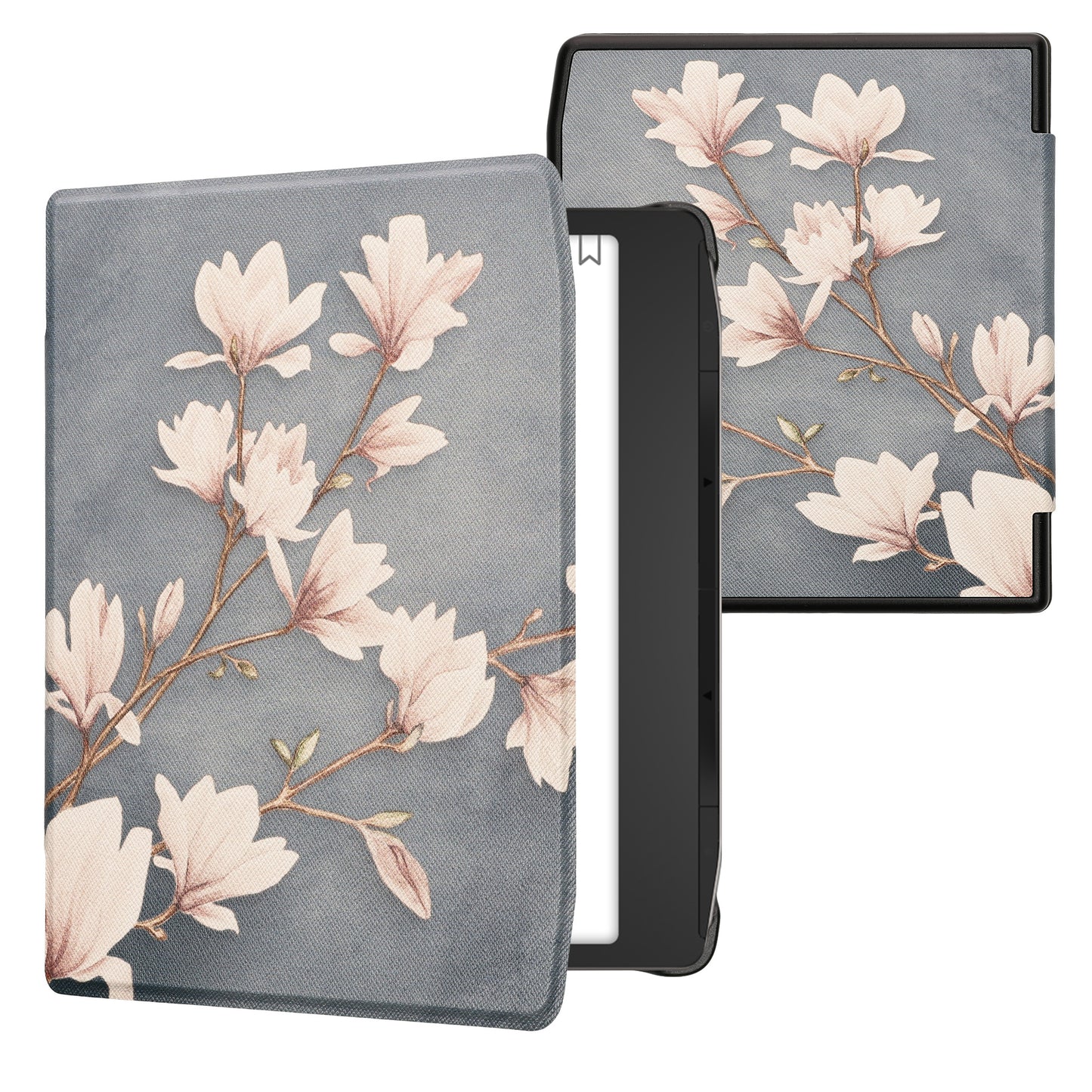 kwmobile Klapphülle kompatibel mit Pocketbook Era / Era Color Hülle - eReader Case - Magnolien Taupe Weiß Blaugrau Taupe  [dsg05]