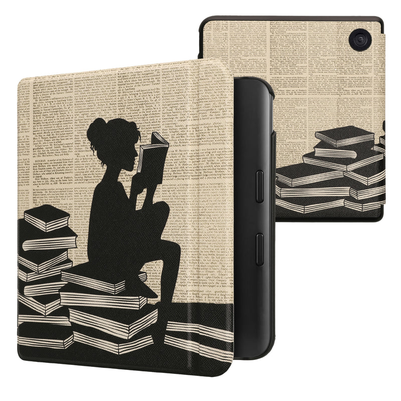 kwmobile Klapphülle kompatibel mit Kobo Kobo Libra Colour / Tolino Vision Color Hülle - eReader Case - Lesende Frau Schwarz Beige Schwarz  [dsg01]