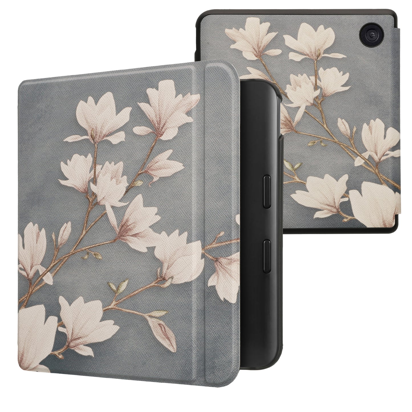 kwmobile Klapphülle kompatibel mit Kobo Kobo Libra Colour / Tolino Vision Color Hülle - eReader Case - Magnolien Taupe Weiß Blaugrau Taupe  [dsg07]