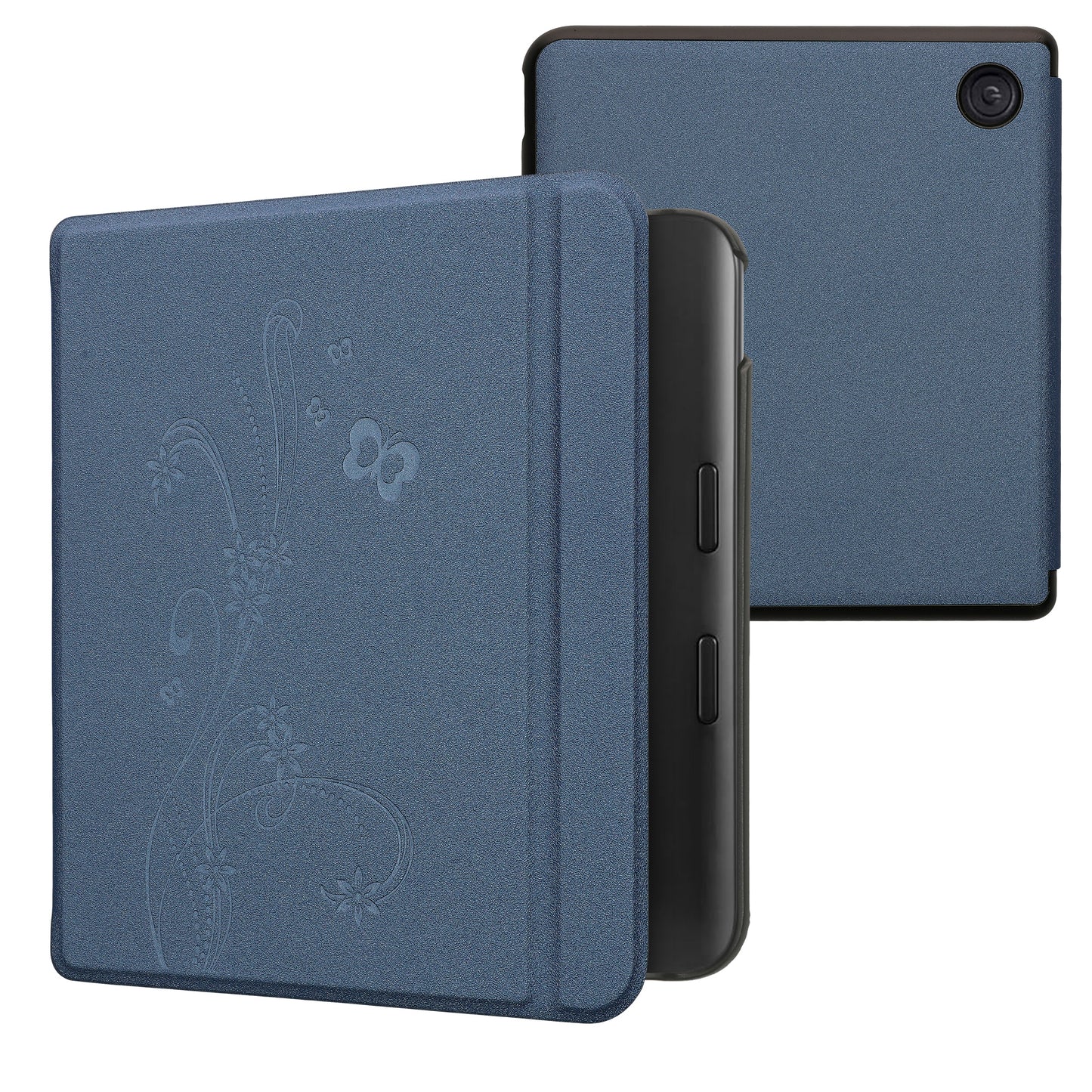 kwmobile Klapphülle kompatibel mit Kobo Kobo Libra Colour / Tolino Vision Color Hülle - eReader Case - Ranken Schmetterling Dunkelblau Dunkelblau  [dsg09]