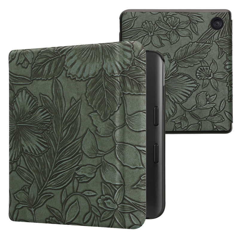 kwmobile Klapphülle kompatibel mit Kobo Kobo Libra Colour / Tolino Vision Color Hülle - eReader Case - Blumen im grünen Relief Grün Grün  [dsg15]
