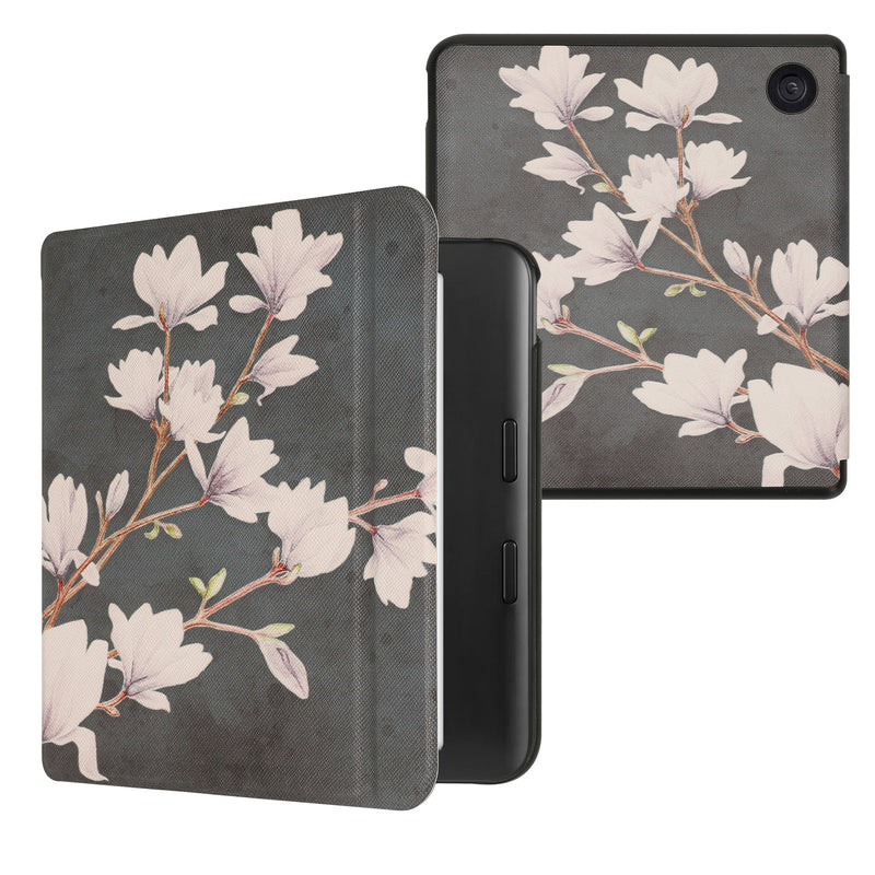 kwmobile Klapphülle kompatibel mit Kobo Kobo Libra Colour / Tolino Vision Color Hülle - eReader Case - Magnolien Taupe Weiß Dunkelgrau Taupe  [dsg19]