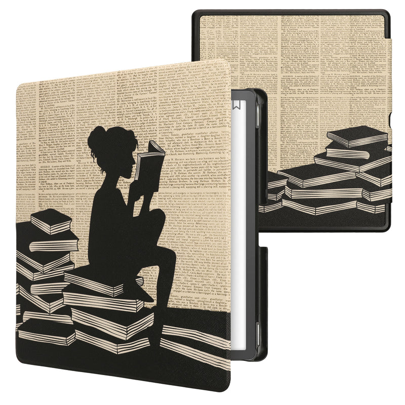 kwmobile Klapphülle kompatibel mit Amazon Kindle Scribe (2022/2024) Hülle - eReader Case - Lesende Frau Schwarz Beige Schwarz  [dsg03]