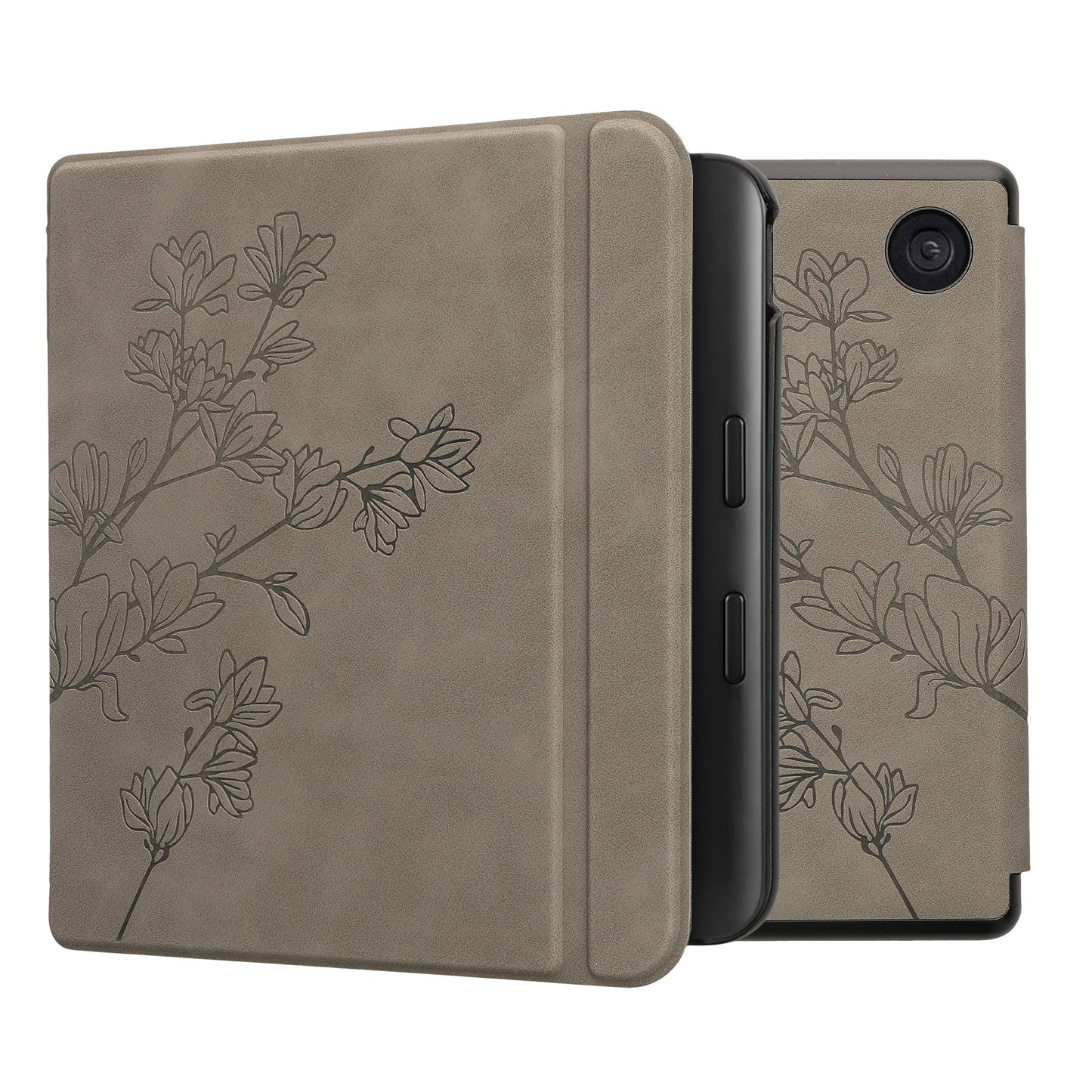 kwmobile Hülle kompatibel mit Kobo Kobo Libra Colour / Tolino Vision Color Hülle - Kunstleder Cover - Magnolien Grau Grau  [dsg03]