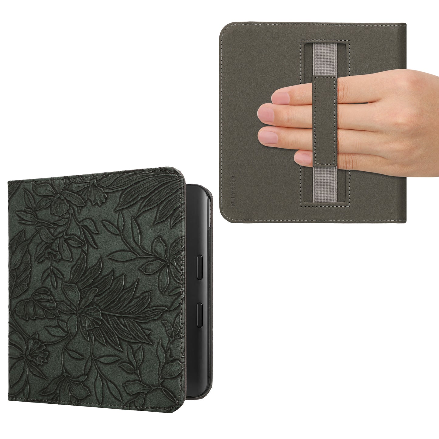 kwmobile Klapphülle kompatibel mit Kobo Kobo Libra Colour / Tolino Vision Color Hülle - Flipcase für den eReader mit Handschlaufe - Blumen im grünen Relief Grün Grün  [dsg01]