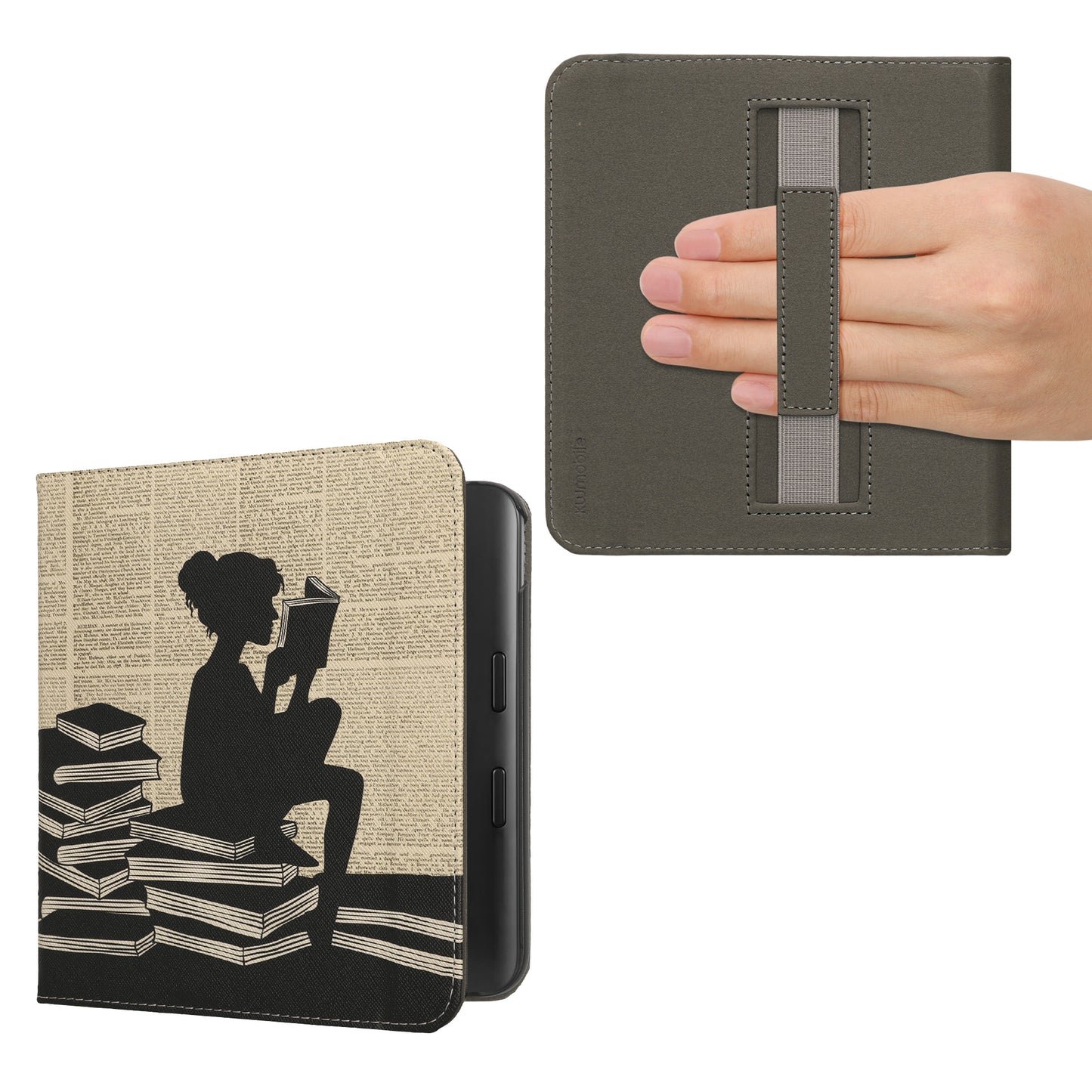 kwmobile Klapphülle kompatibel mit Kobo Kobo Libra Colour / Tolino Vision Color Hülle - Flipcase für den eReader mit Handschlaufe - Lesende Frau Schwarz Beige Schwarz  [dsg02]