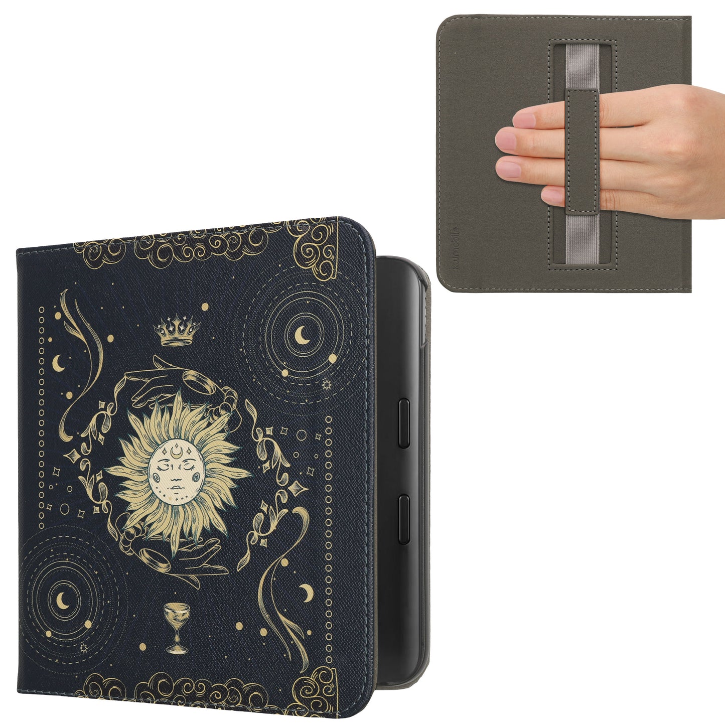 kwmobile Klapphülle kompatibel mit Kobo Kobo Libra Colour / Tolino Vision Color Hülle - Flipcase für den eReader mit Handschlaufe - Tarot Karten Dunkelblau Gelb Schwarz Dunkelblau  [dsg08]