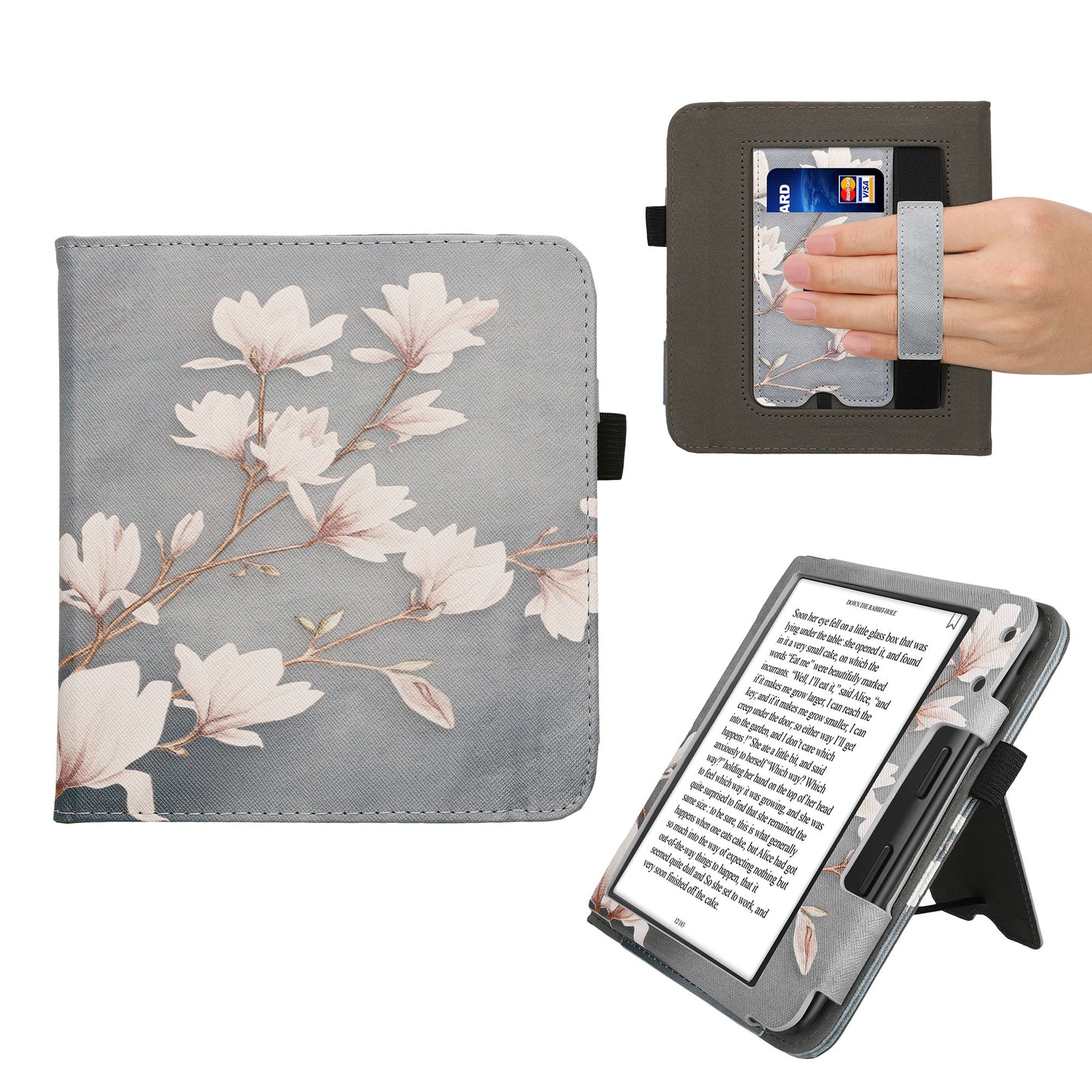 kwmobile Flip Cover kompatibel mit Kobo Kobo Libra Colour / Tolino Vision Color - Hülle mit Handschlaufe Magnolien Taupe Weiß Blaugrau Taupe  [dsg01]