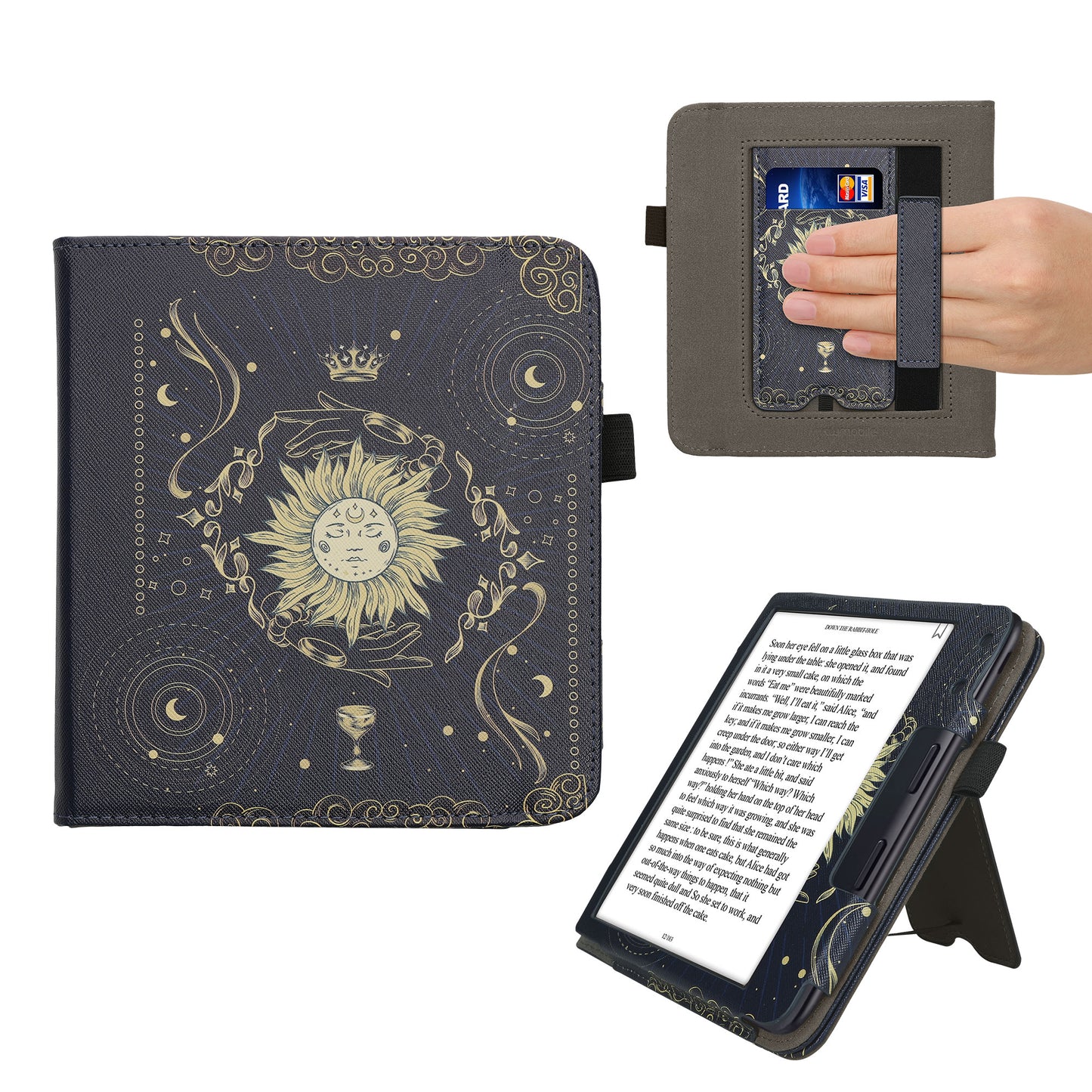 kwmobile Flip Cover kompatibel mit Kobo Kobo Libra Colour / Tolino Vision Color - Hülle mit Handschlaufe Tarot Karten Dunkelblau Gelb Schwarz Dunkelblau  [dsg04]