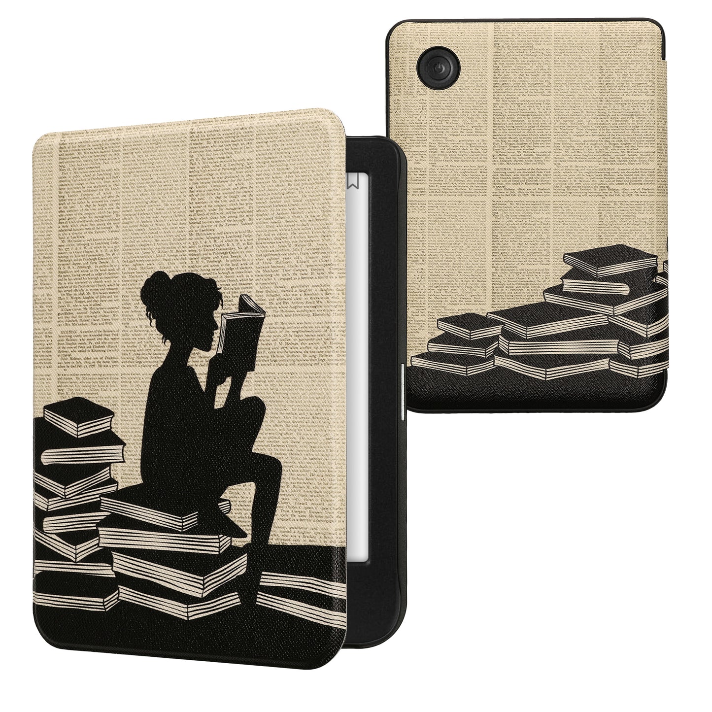 kwmobile Klapphülle kompatibel mit Kobo Clara BW / Clara Colour / Tolino Shine (5) / Shine Color Hülle - eReader Case - Lesende Frau Schwarz Beige Schwarz  [dsg01]