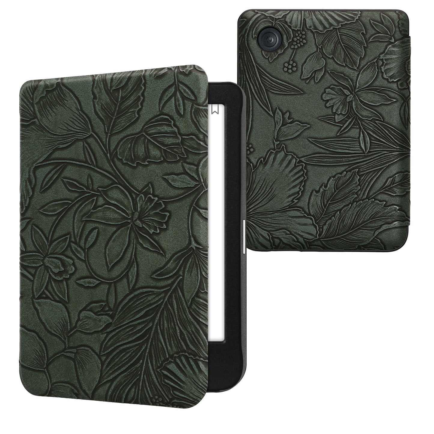kwmobile Klapphülle kompatibel mit Kobo Clara BW / Clara Colour / Tolino Shine (5) / Shine Color Hülle - eReader Case - Blumen im grünen Relief Grün Grün  [dsg15]