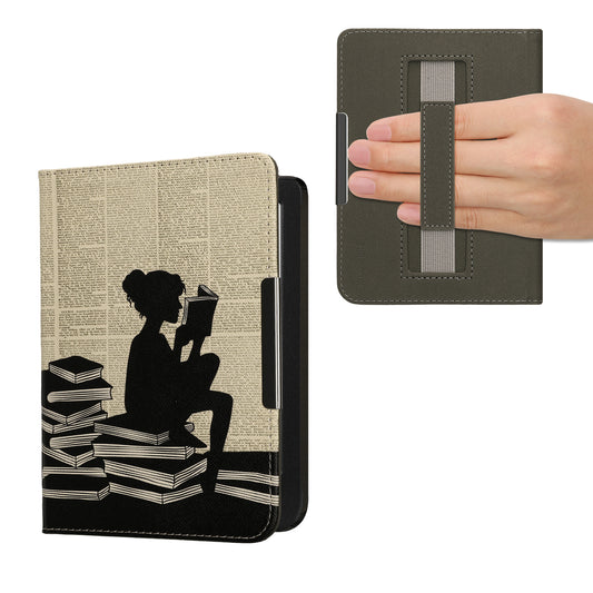 kwmobile Klapphülle kompatibel mit Kobo Clara BW / Clara Colour / Tolino Shine (5) / Shine Color Hülle - Flipcase für den eReader mit Handschlaufe - Lesende Frau Schwarz Beige Schwarz  [dsg01]