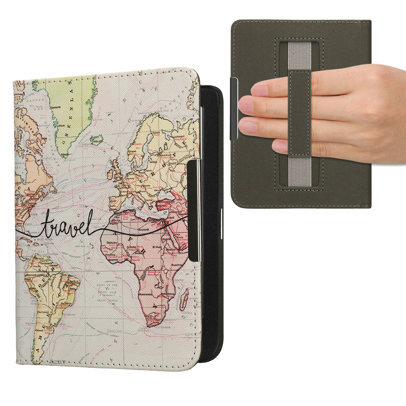 kwmobile Klapphülle kompatibel mit Kobo Clara BW / Clara Colour / Tolino Shine (5) / Shine Color Hülle - Flipcase für den eReader mit Handschlaufe - Travel Schriftzug Schwarz Mehrfarbig Schwarz  [dsg03]
