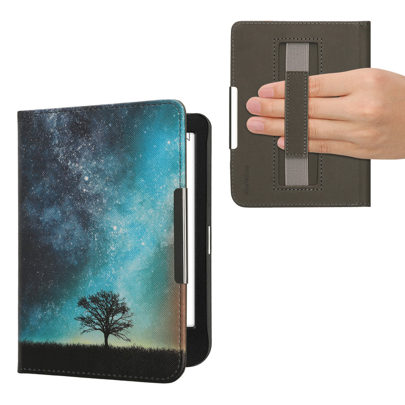 kwmobile Klapphülle kompatibel mit Kobo Clara BW / Clara Colour / Tolino Shine (5) / Shine Color Hülle - Flipcase für den eReader mit Handschlaufe - Galaxie Baum Wiese Blau Grau Schwarz Blau  [dsg06]