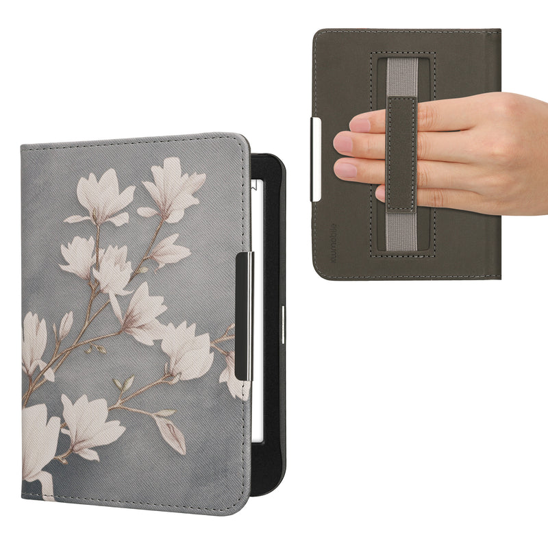 kwmobile Klapphülle kompatibel mit Kobo Clara BW / Clara Colour / Tolino Shine (5) / Shine Color Hülle - Flipcase für den eReader mit Handschlaufe - Magnolien Taupe Weiß Blaugrau Taupe  [dsg07]