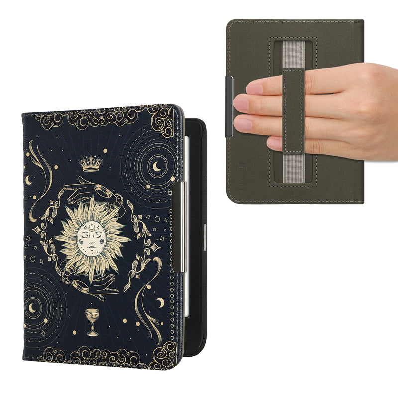 kwmobile Klapphülle kompatibel mit Kobo Clara BW / Clara Colour / Tolino Shine (5) / Shine Color Hülle - Flipcase für den eReader mit Handschlaufe - Tarot Karten Dunkelblau Gelb Schwarz Dunkelblau  [dsg08]