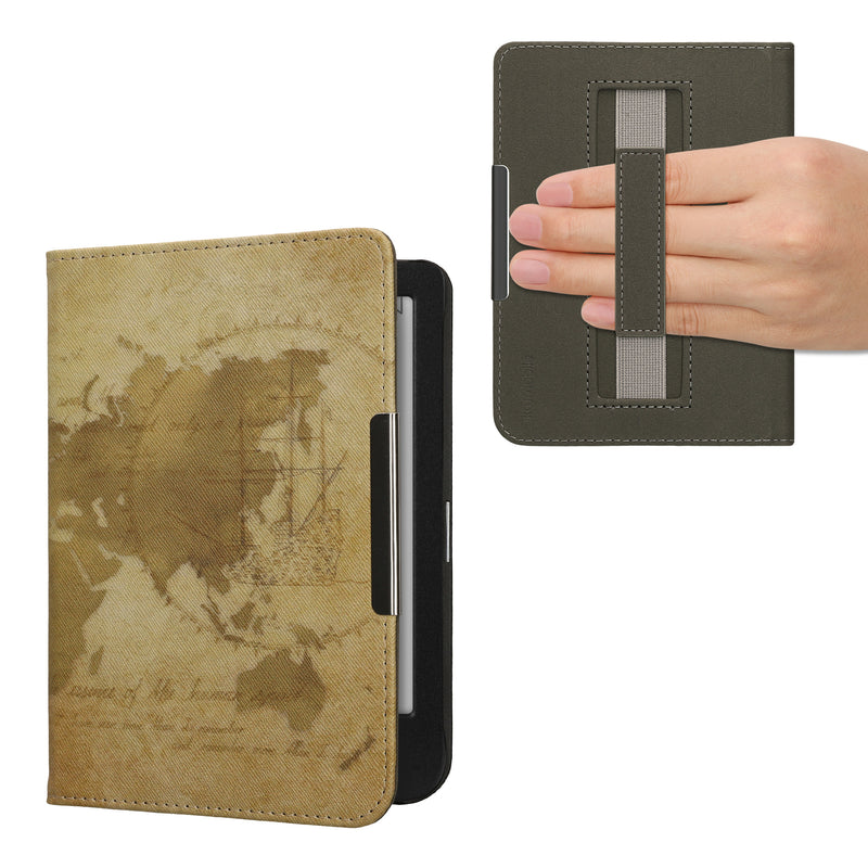 kwmobile Klapphülle kompatibel mit Kobo Clara BW / Clara Colour / Tolino Shine (5) / Shine Color Hülle - Flipcase für den eReader mit Handschlaufe - Travel Vintage Braun Hellbraun Braun  [dsg09]