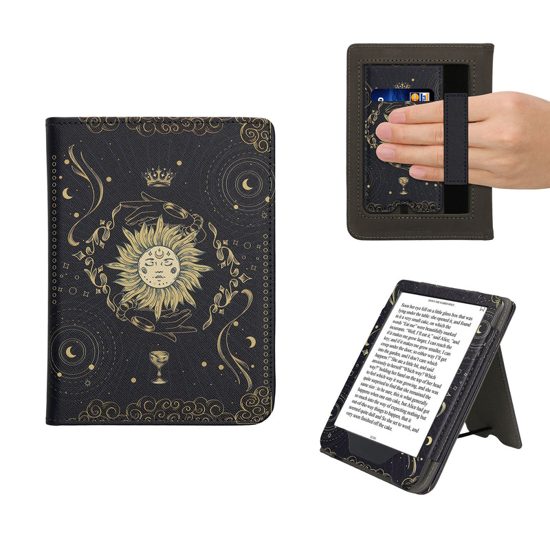kwmobile Flip Cover kompatibel mit Kobo Clara BW / Clara Colour / Tolino Shine (5) / Shine Color - Hülle mit Handschlaufe Tarot Karten Dunkelblau Gelb Schwarz Dunkelblau  [dsg04]