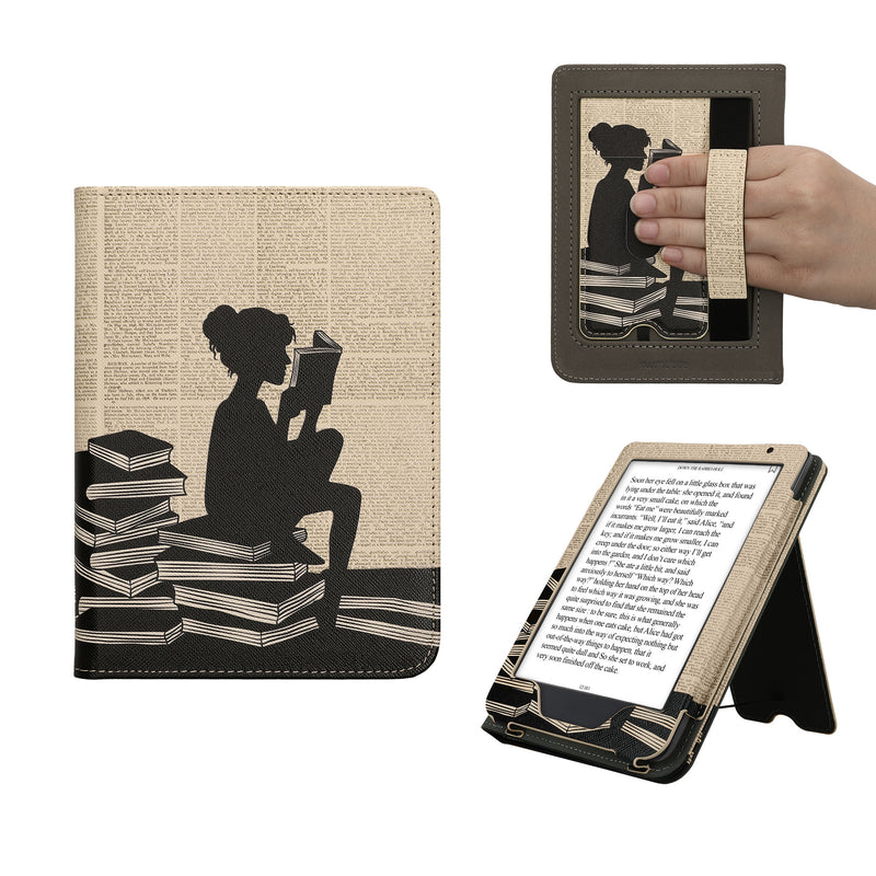 kwmobile Flip Cover kompatibel mit Kobo Clara BW / Clara Colour / Tolino Shine (5) / Shine Color - Hülle mit Handschlaufe Lesende Frau Schwarz Beige Schwarz  [dsg05]