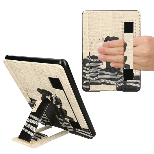 kwmobile Schutzhülle kompatibel mit Amazon Kindle Paperwhite 11. Generation 2021 Hülle - Kunstlederhülle mit Ständer und Handgurt - Lesende Frau - Schwarz Beige Schwarz  [dsg03]