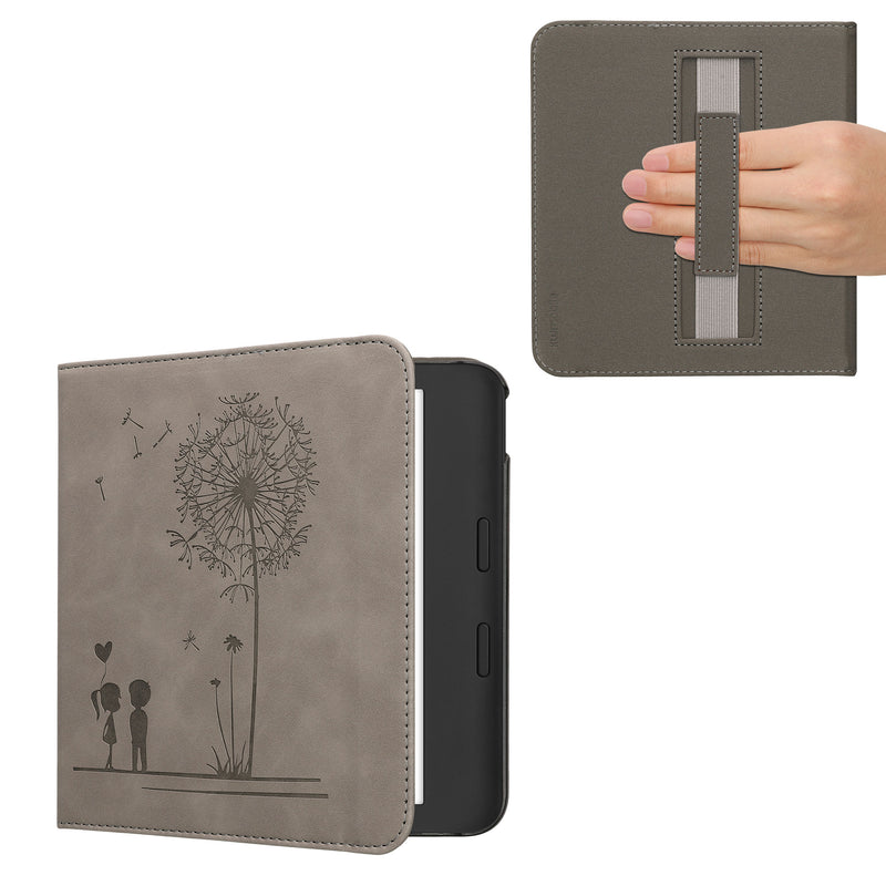 kwmobile Klapphülle kompatibel mit Kobo Kobo Libra Colour / Tolino Vision Color - Hülle aus Kunstleder für eReader - mit Handschlaufe - Pusteblume Love Grau Grau  [dsg01]