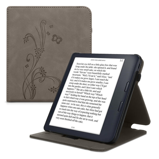 kwmobile Hülle kompatibel mit Kobo Kobo Libra Colour / Tolino Vision Color - Schlaufe Ständer - e-Reader Schutzhülle - Ranken Schmetterling Grau Grau  [dsg01]