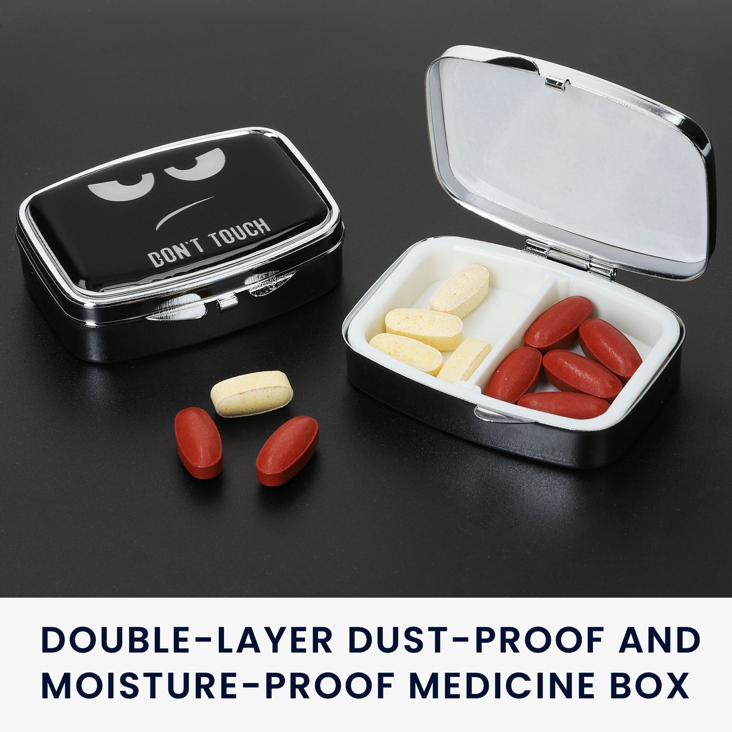 kwmobile Pill Box with 2 Compartments Pill Dispenser Set Small Portable Pill Box Metal Medicine Box Case in Don't Touch