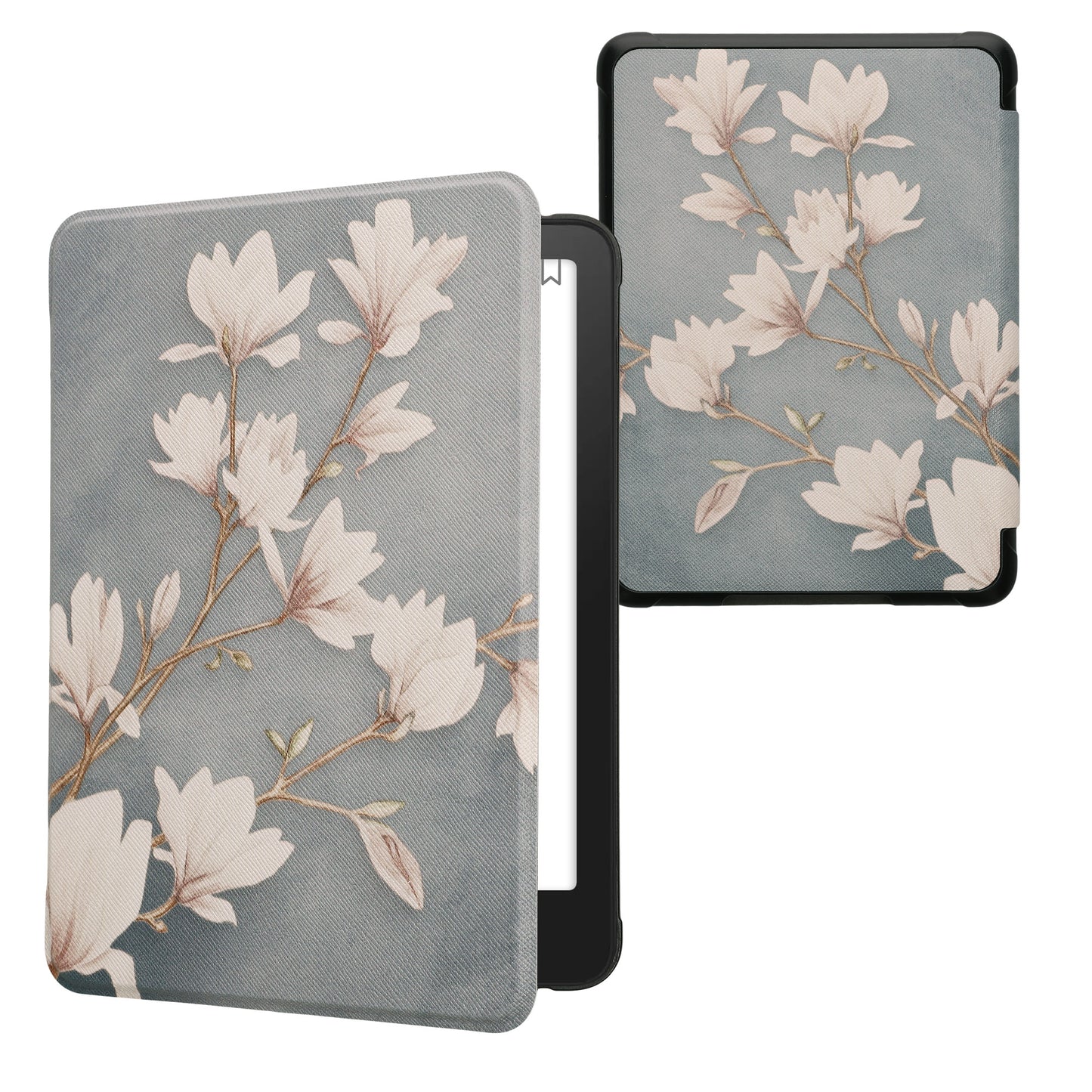 kwmobile Klapphülle kompatibel mit Amazon Kindle Paperwhite (2024)/Colorsoft Hülle - eReader Case - Magnolien Taupe Weiß Blaugrau Taupe  [dsg07]