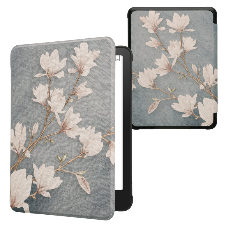 kwmobile Klapphülle kompatibel mit Amazon Kindle Paperwhite (2024)/Colorsoft Hülle - eReader Case - Magnolien Taupe Weiß Blaugrau Taupe  [dsg07]