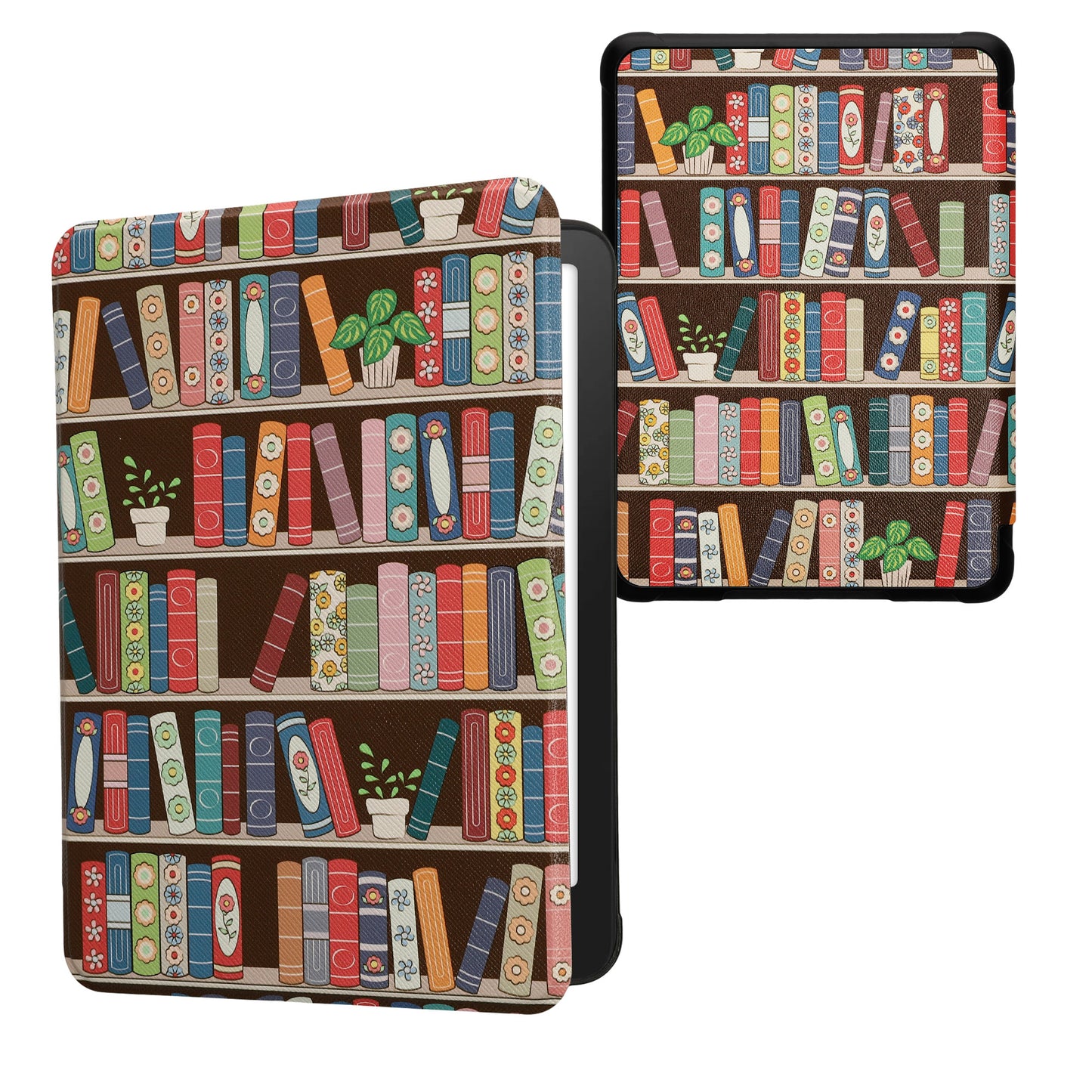 kwmobile Klapphülle kompatibel mit Amazon Kindle Paperwhite (2024)/Colorsoft Hülle - eReader Case - Bücherregal mit Pflanzen Blau Grün Pink Blau  [dsg11]