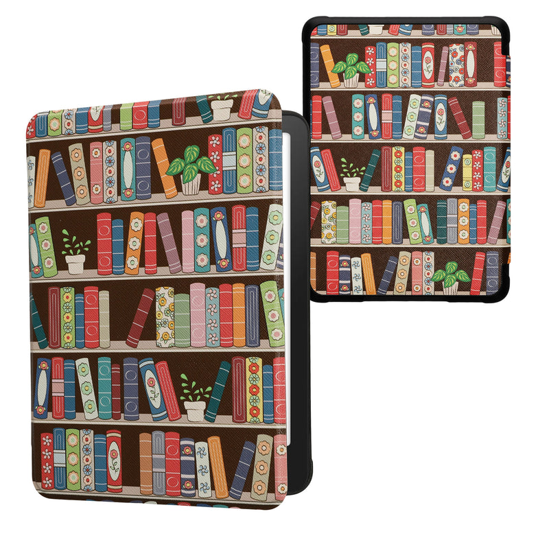 kwmobile Klapphülle kompatibel mit Amazon Kindle Paperwhite (2024)/Colorsoft Hülle - eReader Case - Bücherregal mit Pflanzen Blau Grün Pink Blau  [dsg11]