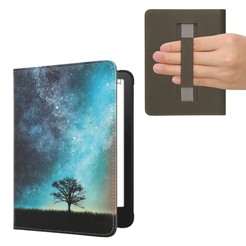 kwmobile Klapphülle kompatibel mit Amazon Kindle Paperwhite (2024)/Colorsoft Hülle - Flipcase für den eReader mit Handschlaufe - Galaxie Baum Wiese Blau Grau Schwarz Blau  [dsg06]