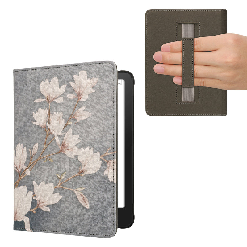 kwmobile Klapphülle kompatibel mit Amazon Kindle Paperwhite (2024)/Colorsoft Hülle - Flipcase für den eReader mit Handschlaufe - Magnolien Taupe Weiß Blaugrau Taupe  [dsg07]