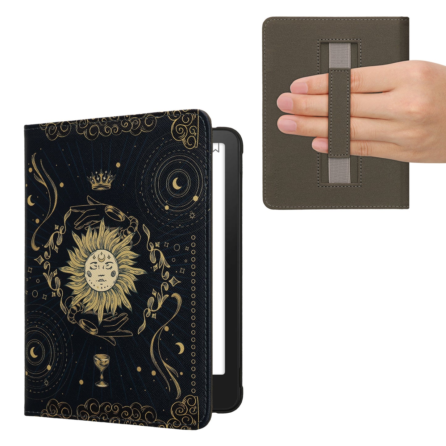 kwmobile Klapphülle kompatibel mit Amazon Kindle Paperwhite (2024)/Colorsoft Hülle - Flipcase für den eReader mit Handschlaufe - Tarot Karten Dunkelblau Gelb Schwarz Dunkelblau  [dsg08]
