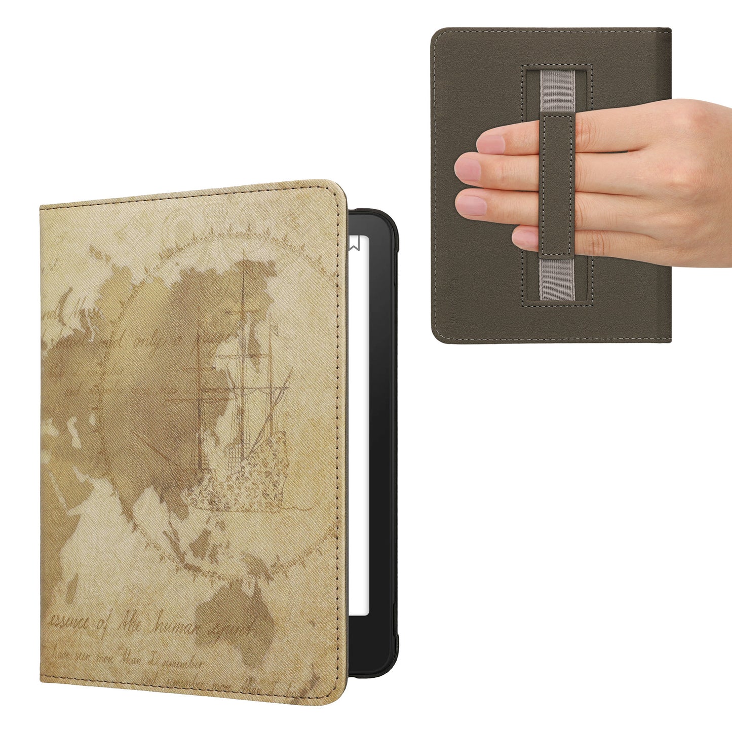 kwmobile Klapphülle kompatibel mit Amazon Kindle Paperwhite (2024)/Colorsoft Hülle - Flipcase für den eReader mit Handschlaufe - Travel Vintage Braun Hellbraun Braun  [dsg09]