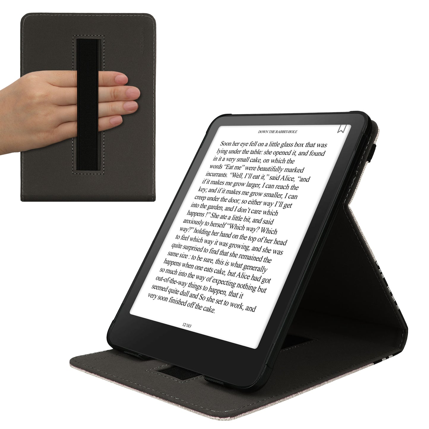 kwmobile Hülle kompatibel mit Amazon Kindle Paperwhite (2024)/Colorsoft Hülle - Case mit Schlaufe und Ständer - Lesende Frau Schwarz Beige Schwarz  [dsg02]