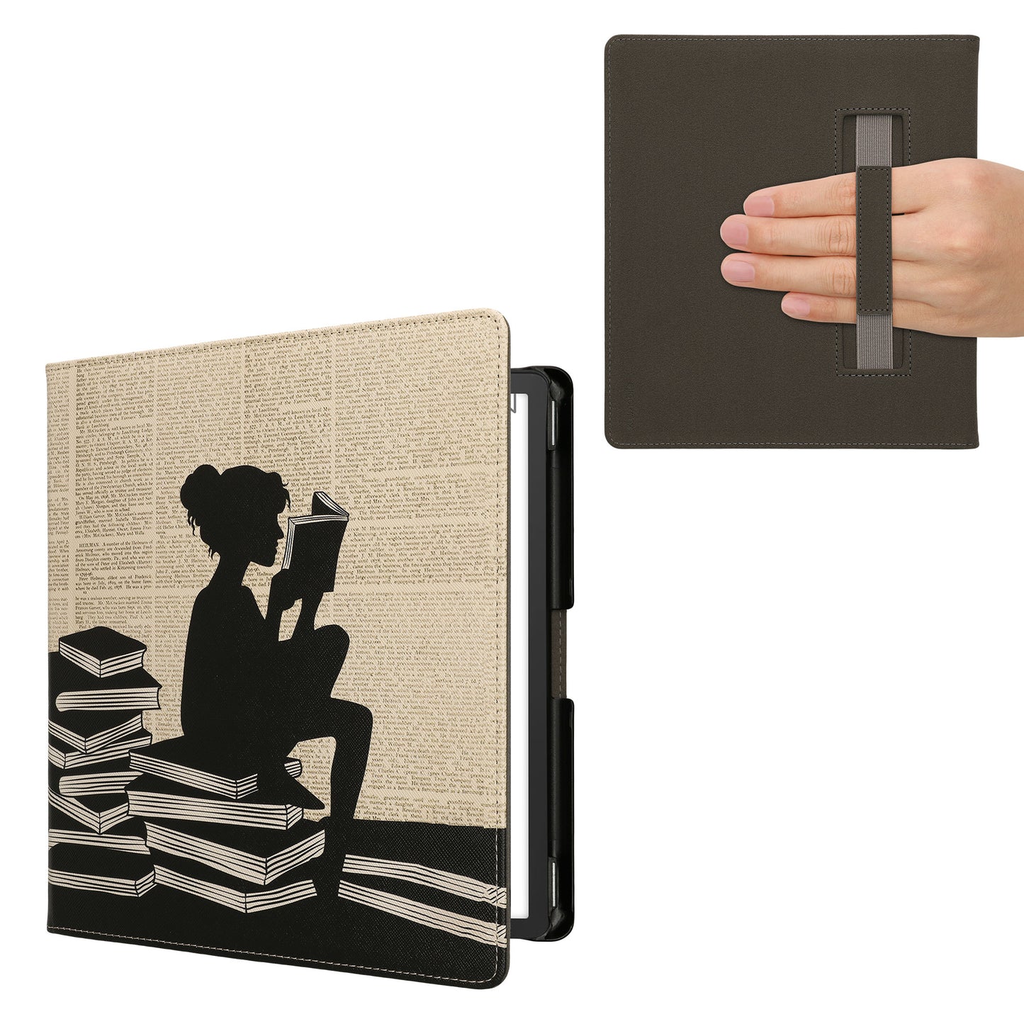 kwmobile Klapphülle kompatibel mit Amazon Kindle Scribe (2022/2024) Hülle - Flipcase für den eReader mit Handschlaufe - Lesende Frau Schwarz Beige Schwarz  [dsg02]