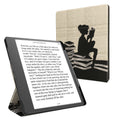 kwmobile E-Reader Schutzhülle kompatibel mit Amazon Kindle Scribe (2022/2024) Hülle - Kunstleder Case für eReader mit zweifachen Ständer und Stifthalter - Lesende Frau Schwarz  [dsg01]