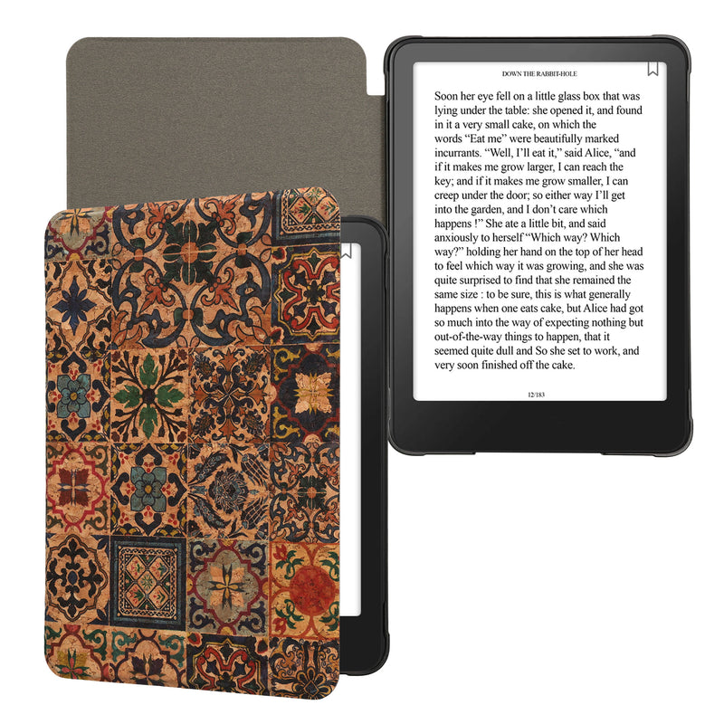 kwmobile Hülle kompatibel mit Amazon Kindle Paperwhite (2024)/Colorsoft - Kork eReader Schutzhülle Cover Case - Fliesenmuster Braun Blau Rot Braun  [dsg02]