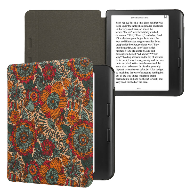 kwmobile Hülle kompatibel mit Kobo Kobo Libra Colour / Tolino Vision Color - Kork eReader Schutzhülle Cover Case - Sommerblumen Orange Grün Rot Orange  [dsg03]