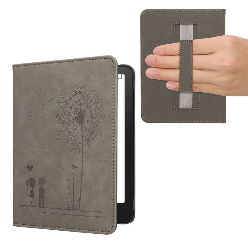 kwmobile Klapphülle kompatibel mit Amazon Kindle Paperwhite (2024)/Colorsoft - Hülle aus Kunstleder für eReader - mit Handschlaufe - Pusteblume Love Grau Grau  [dsg01]